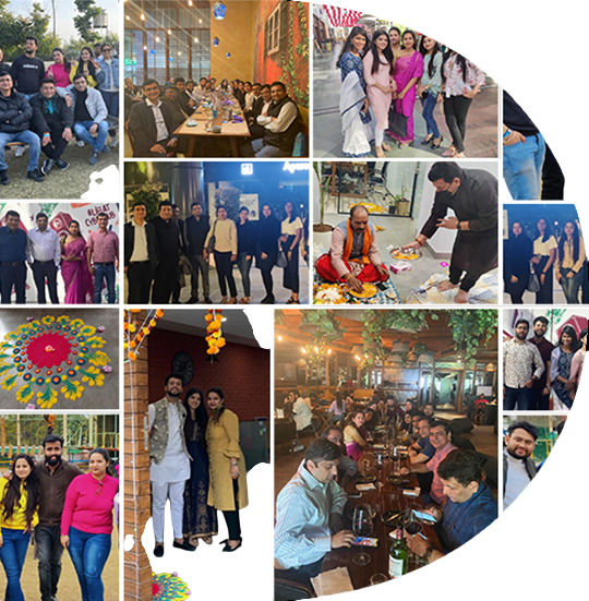 Collage of team outings, celebrations, and workplace moments.